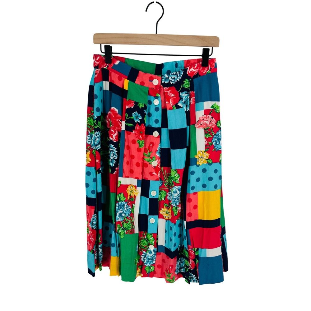Vintage Patchwork Floral Polka Dot Button Front Midi Skirt Size 12 Dopamine Art